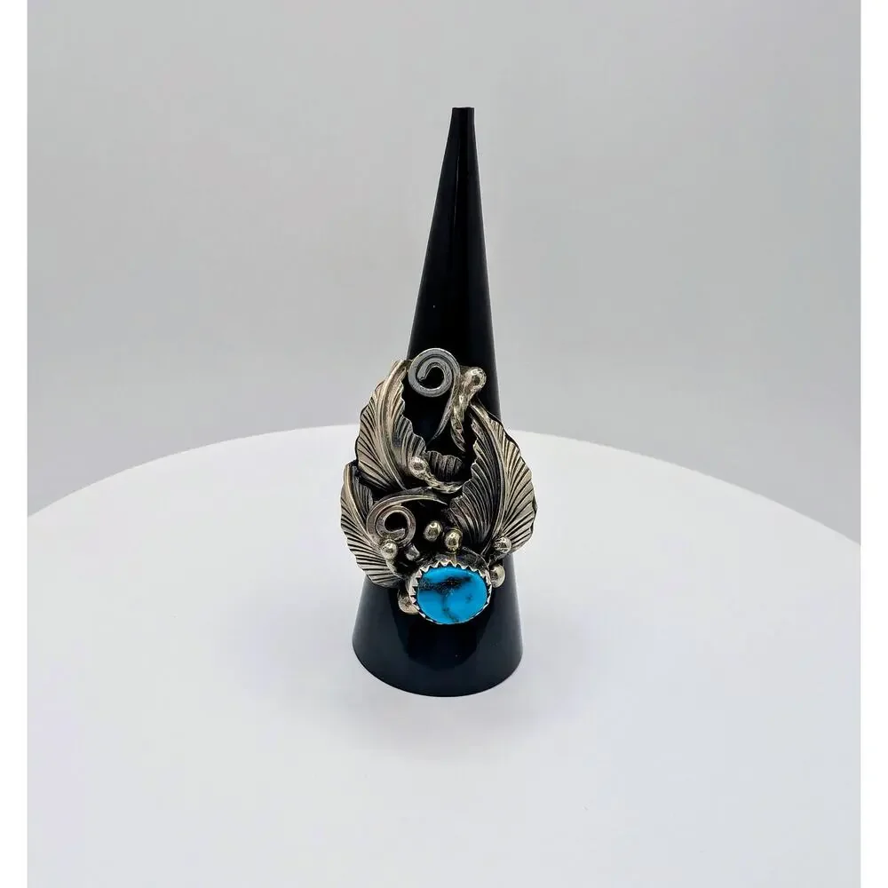 VTG NA Navajo C. Yazzie Turquoise and Sterling Silver Statement Leaf Ring sz 8